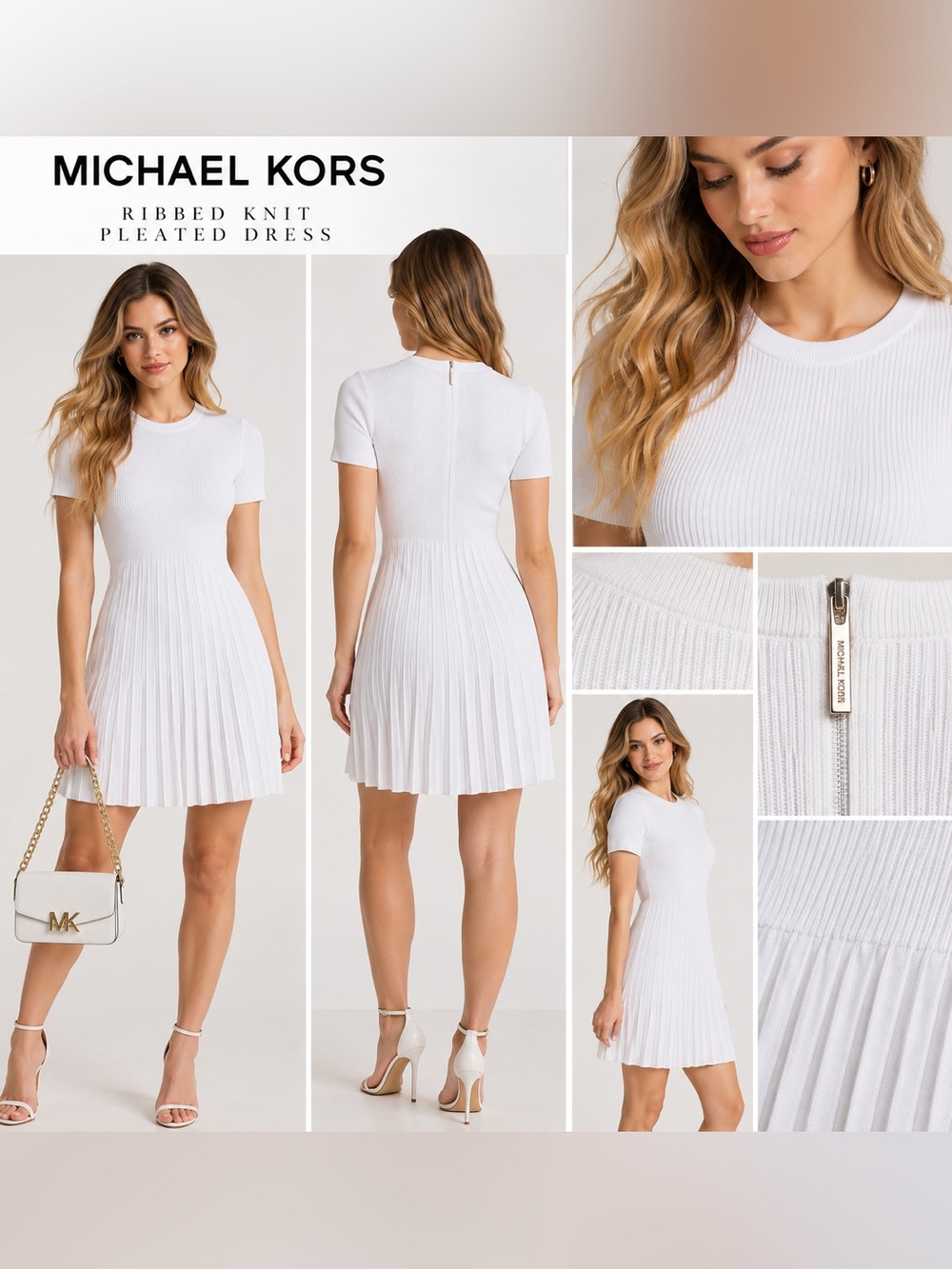 Michael Kors NWT White Ribbed Knit Pleated Fit & Flare Dress XS
